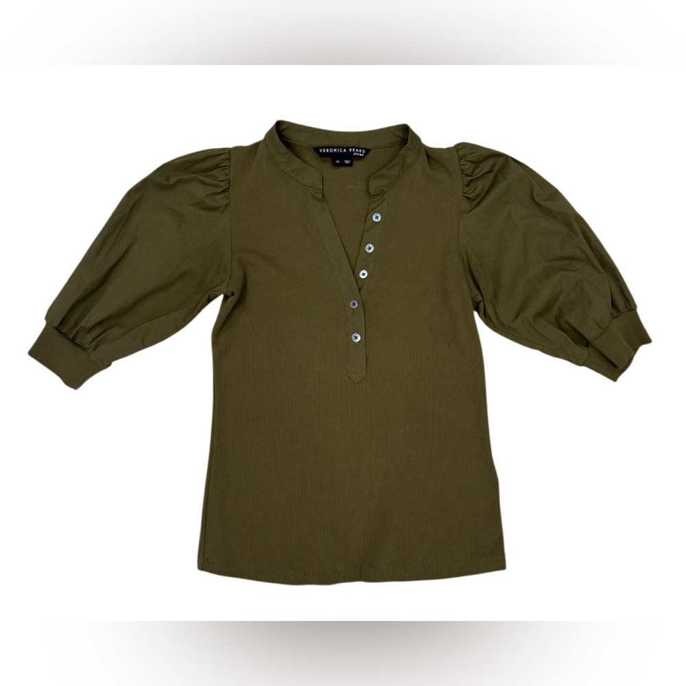 VERONICA BEARD Coralee green Puff-Sleeve Rib-Knit Top XS - Picture 5 of 9